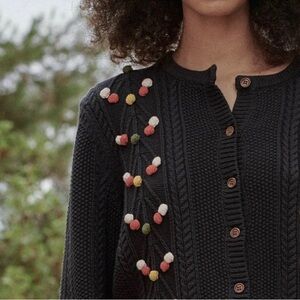 The GREAT The Frond Pom Pom Embellished Knit Cardigan Sweater Midnight Blue 2/M